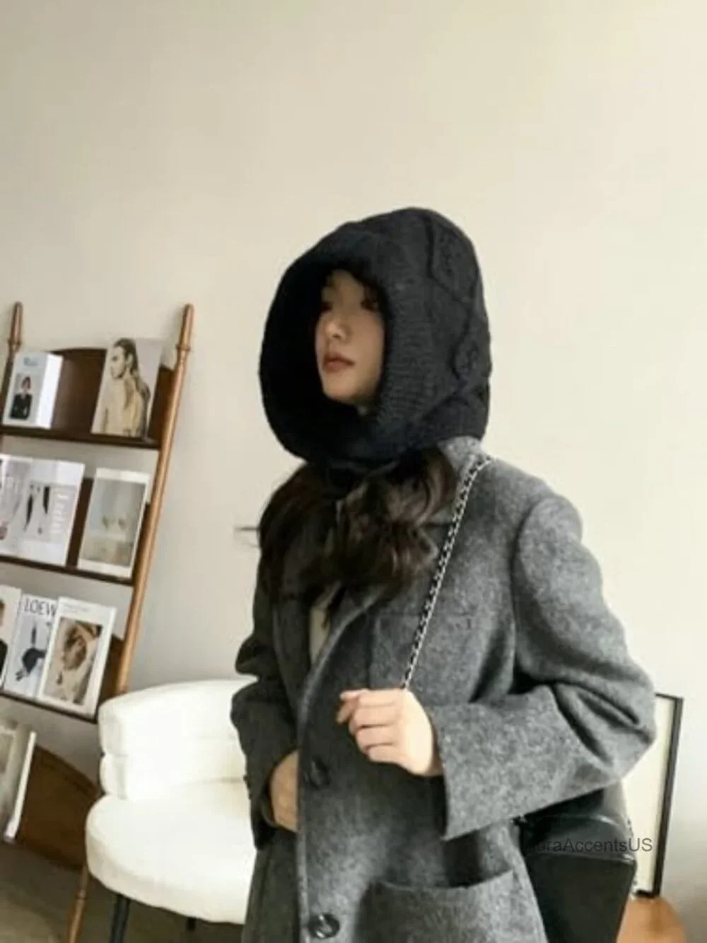 Women's Oversized Wool Knit Balaclava Hat Hooded Scarf Chunky Cable Knit Winter